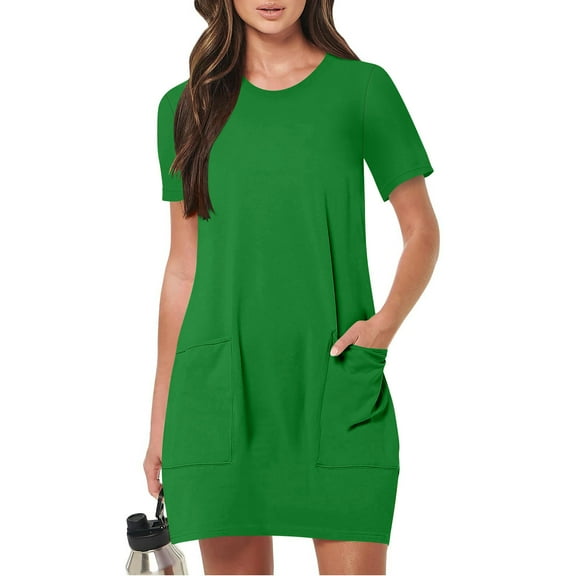 ZHYou Women Short Sleeve Casual T Shirt Dresses Round Neck Soft Basic Loose Fit Mini Dresses with Pockets,Green,L