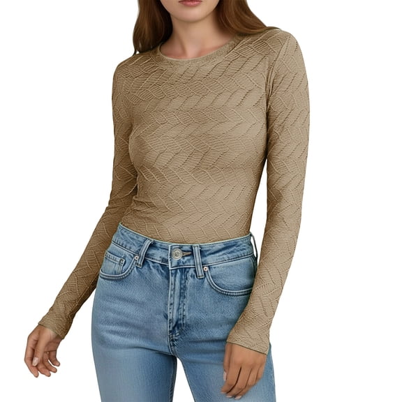 ZHYou Women Slim Fit Leaf Pattern Knit Tops,Long Sleeve,Round Neck Stretchy Soft Fashion Sweaters,Khaki,Size M