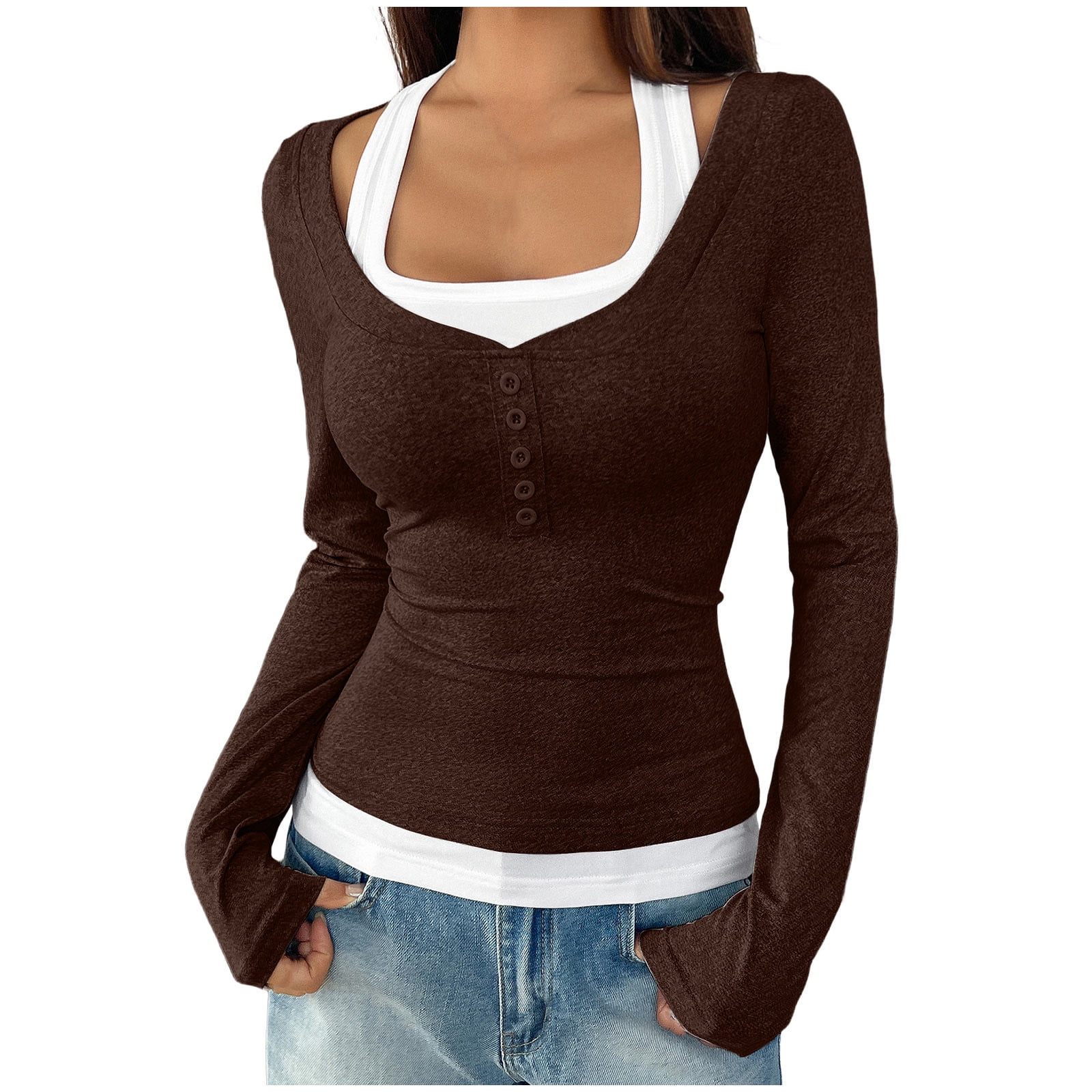 ZHYou Women Slim Fit Square Neck Button Tops,False Two Piece Design ...