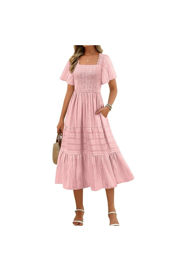 Women Smocked Tiered Midi Dresses Casual Frock Square Neck Short Sleeve Flowy Dresses with Pockets,Pink,L