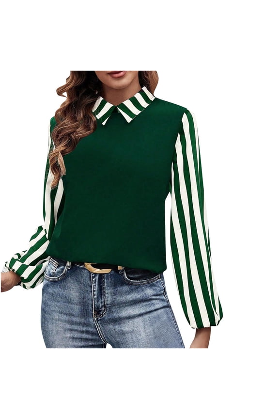 Women Striped Contrast Collar Tops,Loose Fit,Stretchy Soft Daily Office Wear Dress Shirts,Green,Size L