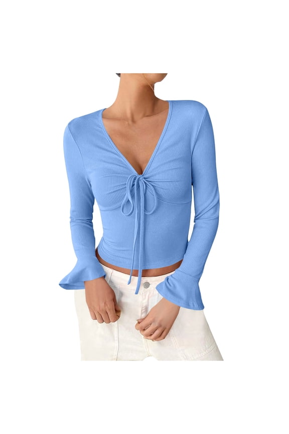Women's Burgundy Deep V-Neck Lace-Up Front Flare Sleeves Ribbed Knit Fitted Crop Tops Casual Fashion Blouses,Sky Blue,Size M