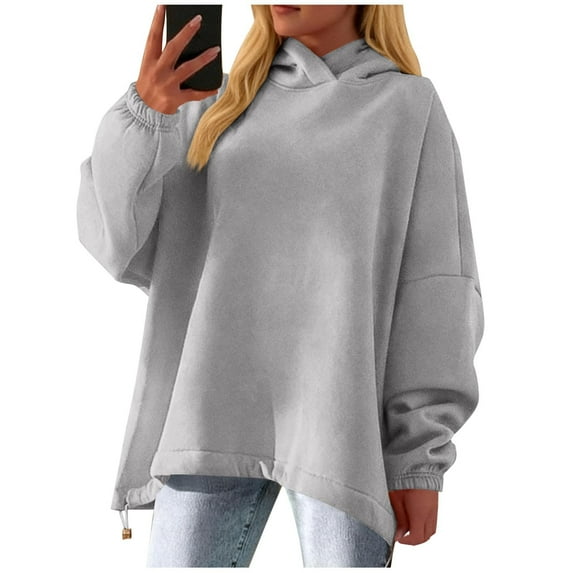 ZHYou Women's Oversized Hooded Sweatshirts,Drop Shoulder,Long Sleeve,Pullover Comfortable Loose Fit Tunic Tops,Gray,Size L
