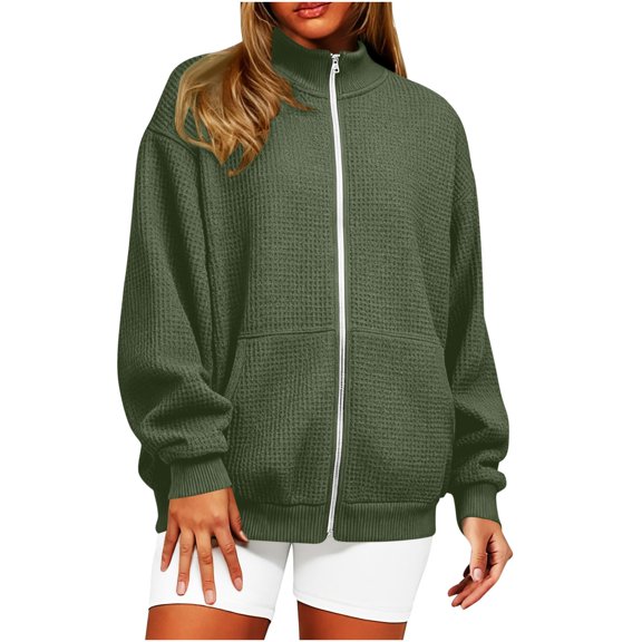 ZHYou No Boundaries Women’s Oversized Waffle Knit Zip-Up Jacket High Neck Full Zip Side Pockets Ribbed Cuffs Hem Warm Sweatshirts,Army Green,Size 2XL