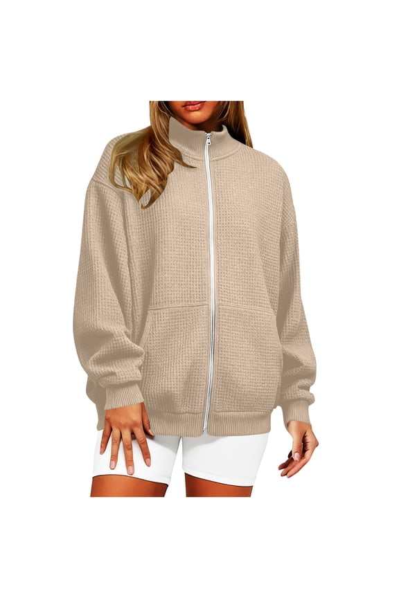 Women’s Oversized Waffle Knit Zip-Up Jacket High Neck Full Zip Side Pockets Ribbed Cuffs Hem Warm Sweatshirts,Beige,Size XL