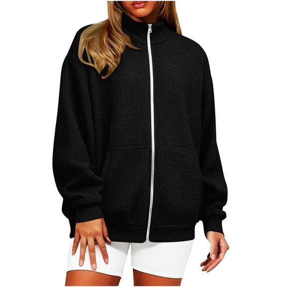 ZHYou Women’s Oversized Waffle Knit Zip-Up Jacket High Neck Full Zip Side Pockets Ribbed Cuffs Hem Warm Sweatshirts,Black,Size M