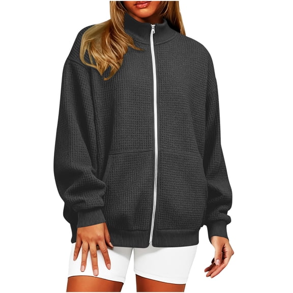 ZHYou Women’s Oversized Waffle Knit Zip-Up Jacket High Neck Full Zip Side Pockets Ribbed Cuffs Hem Warm Sweatshirts,Dark Gray,Size XL