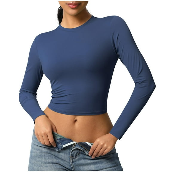 ZHYou Womens Basic Short Tops,Slim Fit,U Neck,Long Sleeve,Stretchy Tops,Skinny Fitting,Daily Wear Tees,Blue,Size M