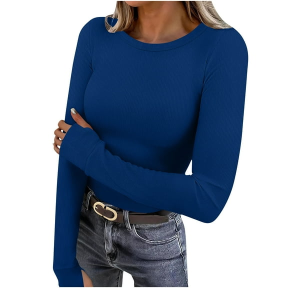 ZHYou No Boundaries Womens Basic Tops,Slim Fit Long Sleeve Scoop Neck Warm Fashion Pullover Soft Comfortable Tees,Blue,Size L