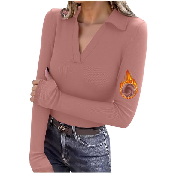 ZHYou Womens Basic Tops,Slim Fit Long Sleeve V Neck Warm Fashion Pullover Soft Comfortable Tees,Pink,Size 2XL
