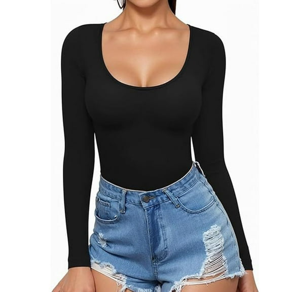 ZHYou Womens Basic Tops,Slim Fit,Scoop Neck,Long Sleeve,Stretchy Tops,Form Fitting,Daily Wear Tees,Black,Size XS
