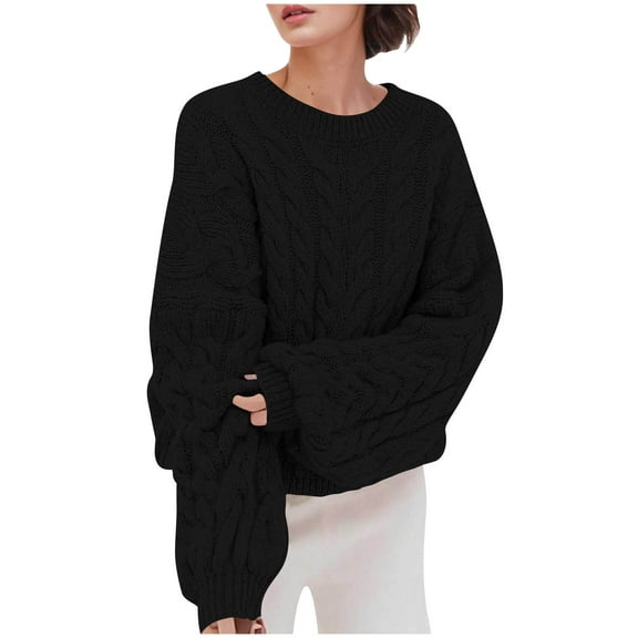 ZHYou No Boundaries Womens Cable Knit Oversized Sweaters Knitted Tops Thick Warm Lantern Sleeves Soft Comfortable Tops,Black,Size XL