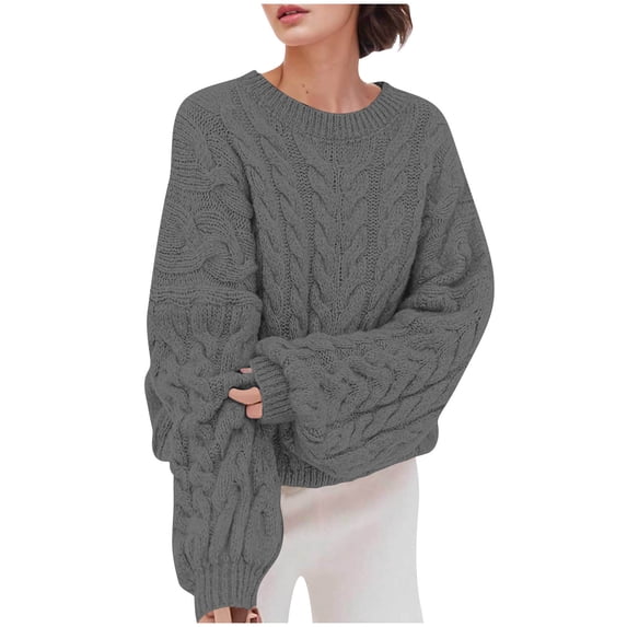 ZHYou Womens Cable Knit Oversized Sweaters Knitted Tops Thick Warm Lantern Sleeves Soft Comfortable Tops,Gray,Size L