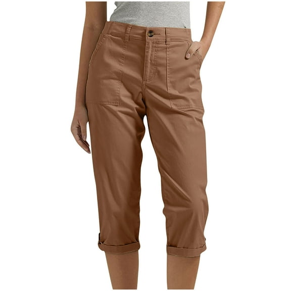 ZHYou No Boundaries Womens Capri Cargo Pants,Baggy Fit,3/4 Length Pull On,Trousers,with Rolled Cuffs and Multi Pockets,Brown,Size 3XL