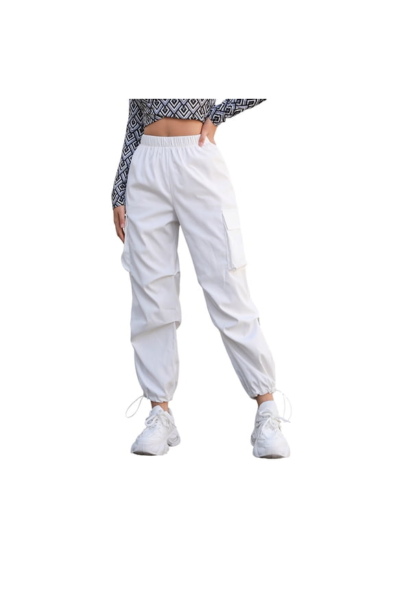 Womens Cargo Joggers,High Elastic Waist,Cuffed Pants,Ankle Tie Detail,Utility Trousers with Pockets,White,Size L