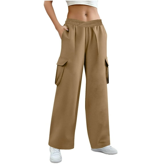 ZHYou No Boundaries Womens Cargo Pants,Wide Leg,Pull On Elastic Waist Multiple Pockets,Loose Fit Trousers,Beige,Size M