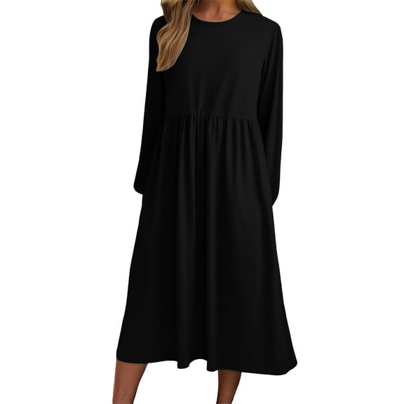ZHYou Womens Casual Dresses Long Sleeve Loose Fit Midi Gown Round Neck Soft Flowy Swing Dresses,Black,XL