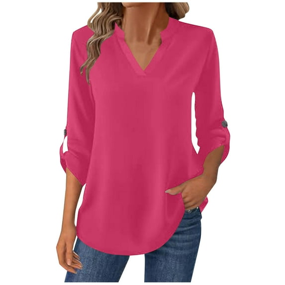 ZHYou Womens Chiffon V-Neck Tunic Tops,Roll Tab Sleeves Loose Fit Lightweight Casual Blouse Flowy Comfortable Shirts,Hot Pink,Size M