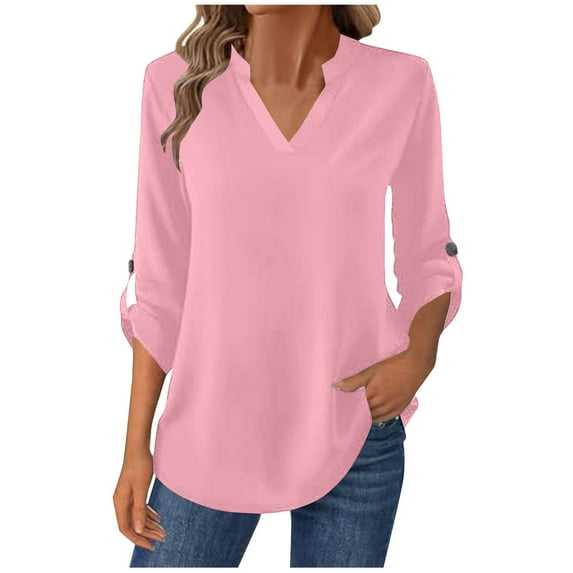 ZHYou Womens Chiffon V-Neck Tunic Tops,Roll Tab Sleeves Loose Fit Lightweight Casual Blouse Flowy Comfortable Shirts,Pink,Size S