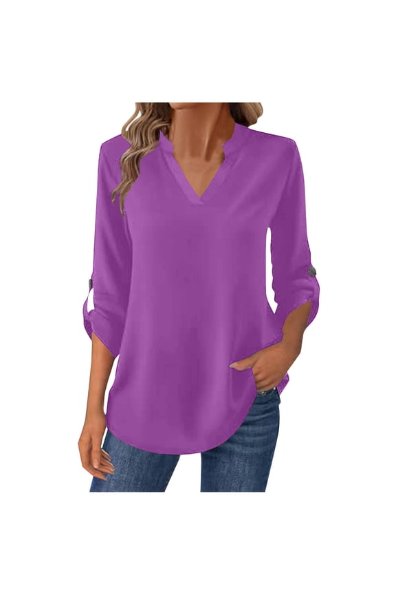 Womens Chiffon V-Neck Tunic Tops,Roll Tab Sleeves Loose Fit Lightweight Casual Blouse Flowy Comfortable Shirts,Purple,Size 2XL