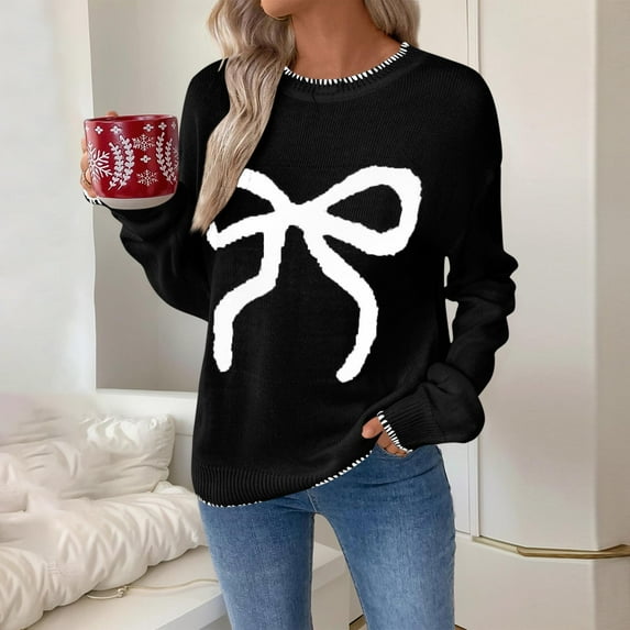 ZHYou No Boundaries Womens Christmas Sweaters,Cute Bow Print,Long Sleeve Oversized Soft Warm Pullover Tops,Black,Size M