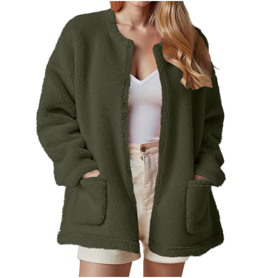 ZHYou Womens Coats Plush Fleece,Soft Sherpa Cardigan Sweaters,Warm Fuzzy Outerwear,with 2 Pockets,Army Green,Size:L