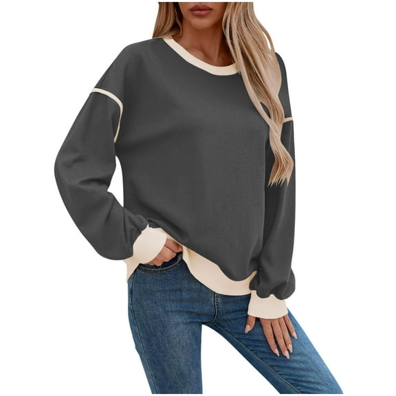 ZHYou No Boundaries Womens Color Block Sweatshirts,Casual Tops,Loose Fit,Soft,Comfortable Contrast Trim Crew Neck Tees,Gray,Size S