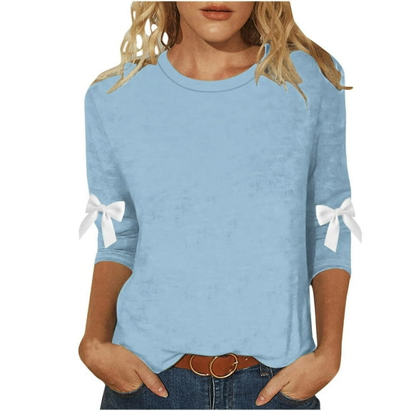 ZHYou Womens Crew Neck 3/4 Sleeve Sweaters with Bow Detail,Cute Casual Tops,Soft Comfortable Stretch Fit Tops,Sky Blue,Size M