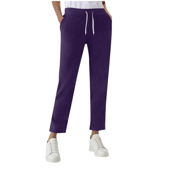 ZHYou No Boundaries Womens Drawstring Ankle Pants,Solid Color,Slim Fit,Pull On,Trousers with Elastic Waistband,Purple,Size 2XL