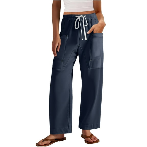 ZHYou No Boundaries Womens Drawstring Cargo Pants,Loose Fit,Baggy Elastic Waist,Multiple Pockets,Casual Wide Leg Trousers,Dark Blue,Size 2XL