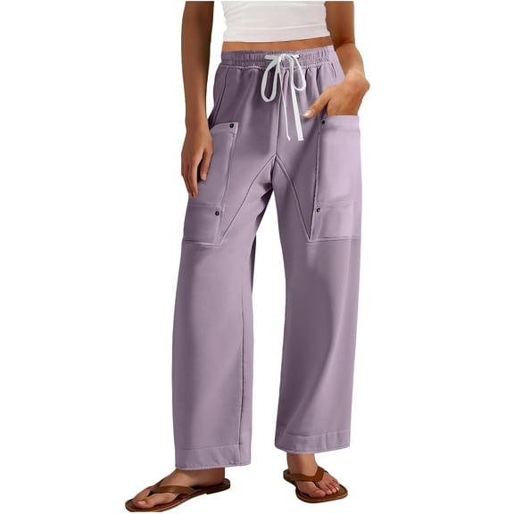 ZHYou Womens Drawstring Cargo Pants,Loose Fit,Baggy Elastic Waist,Multiple Pockets,Casual Wide Leg Trousers,Purple,Size 2XL