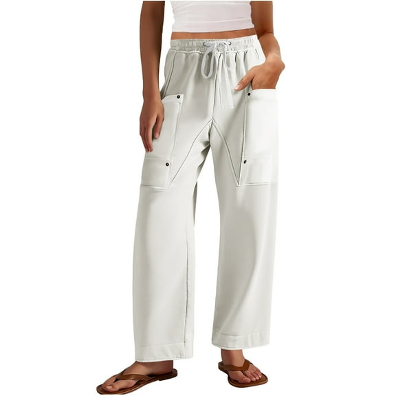 ZHYou Womens Drawstring Cargo Pants,Loose Fit,Baggy Elastic Waist,Multiple Pockets,Casual Wide Leg Trousers,White,Size 2XL