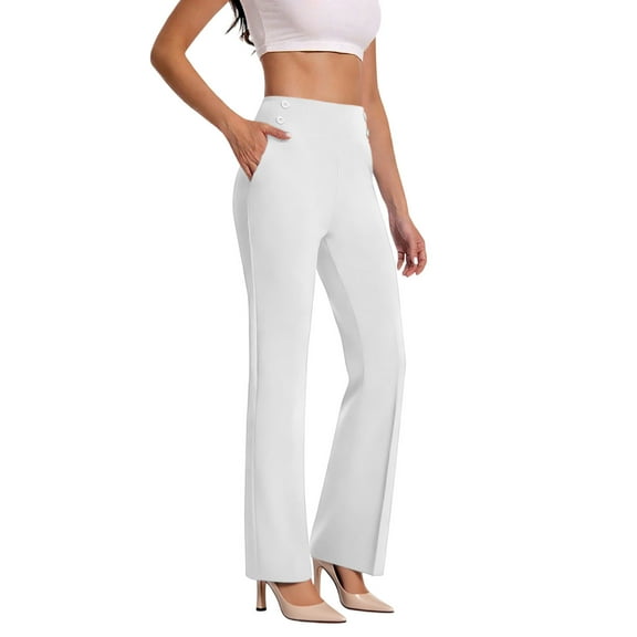 ZHYou No Boundaries Womens Dress Pants,Bootcut,Stretch,High Waisted,Pull On,Flared,Trousers with Pockets,White,Size L