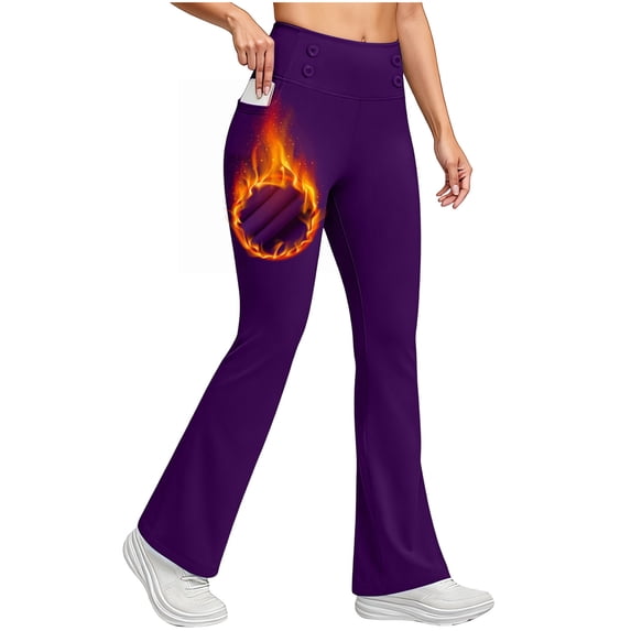 ZHYou Womens Dress Pants Fleece Lined Work Pants for Winter, Waterproof Thermal Flare Leggings with Pockets,Purple,Size S