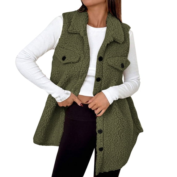 ZHYou Womens Faux Shearling Sleeveless Vest,Fuzzy Sherpa Vest Coat with Pockets,Warm Plush Fall Winter Outerwear,Army Green,Size:L