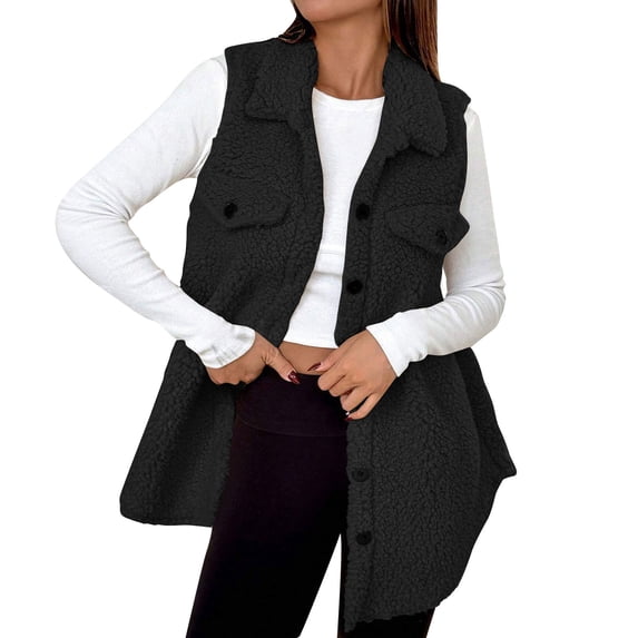 ZHYou Womens Faux Shearling Sleeveless Vest,Fuzzy Sherpa Vest Coat with Pockets,Warm Plush Fall Winter Outerwear,Black,Size:2XL