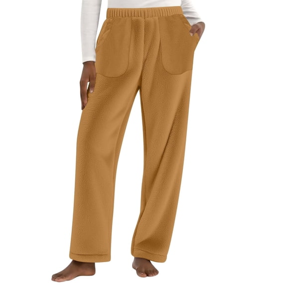 ZHYou No Boundaries Womens Flannel Pants Fleece Fuzzy,Baggy Fit,Warm,Pull On,Lounge Trousers with Pockets,Gold,Size L