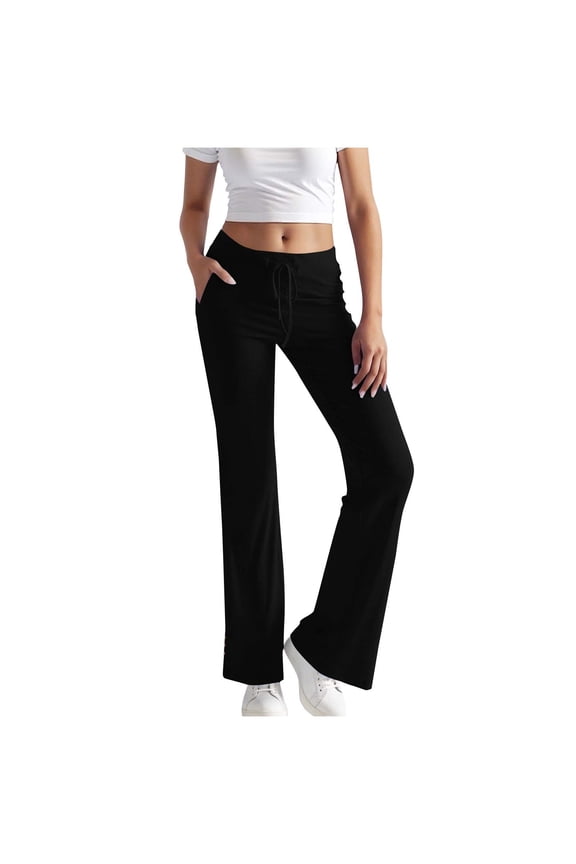 Womens Flared Yoga Pants,Slim Fit,High Waist,Stretchy Bootcut Trousers,Side Button Pants,Black,Size M