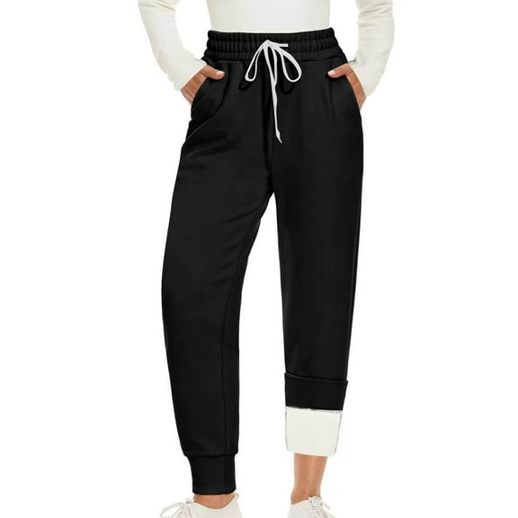 ZHYou No Boundaries Womens Fleece Lined Sweatpants,Elastic Drawstring Waist Joggers,Cuffed Hem Lounge Pants,Black,Size S