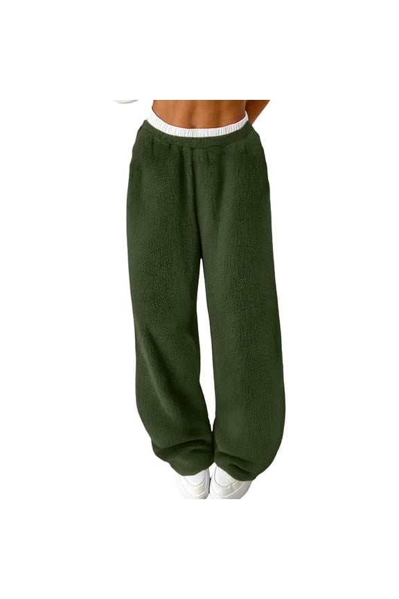 Womens Fleece Lined Sweatpants Plush Soft Warm Fuzzy Sherpa Casual Trousers with Elastic Waist,Green,Size M