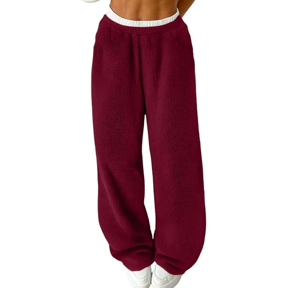ZHYou Womens Fleece Lined Sweatpants Plush Soft Warm Fuzzy Sherpa Casual Trousers with Elastic Waist,Red,Size L