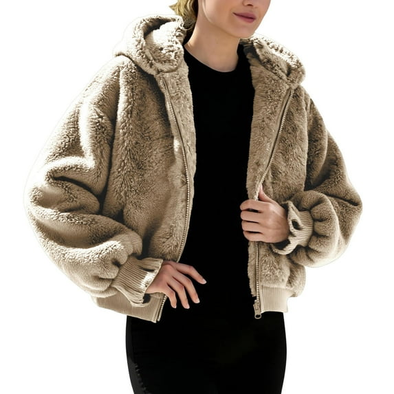ZHYou Womens Fluffy Fleece Hooded Bomber Jacket, Plush Sherpa Zip Up Coat,Warm Fuzzy Winter Outerwear with Ribbed Cuffs,Khaki,Size:S