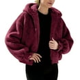 thumbnail image 1 of ZHYou No Boundaries Womens Fluffy Fleece Hooded Bomber Jacket, Plush Sherpa Zip Up Coat,Warm Fuzzy Winter Outerwear with Ribbed Cuffs,Wine,Size:M, 1 of 8