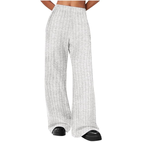 ZHYou Womens High Waist Wide Leg Lounge Pants,Ribbed Knit Loose Trousers,Flowy Comfy Thick Sweatpants with Pockets ,White,Size 2XL