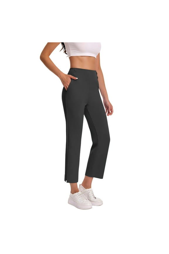 Womens High Waisted Dress Pants,Cropped,Stretchy,Slim Fit,Office Pants with Side Slit,Black,Size M