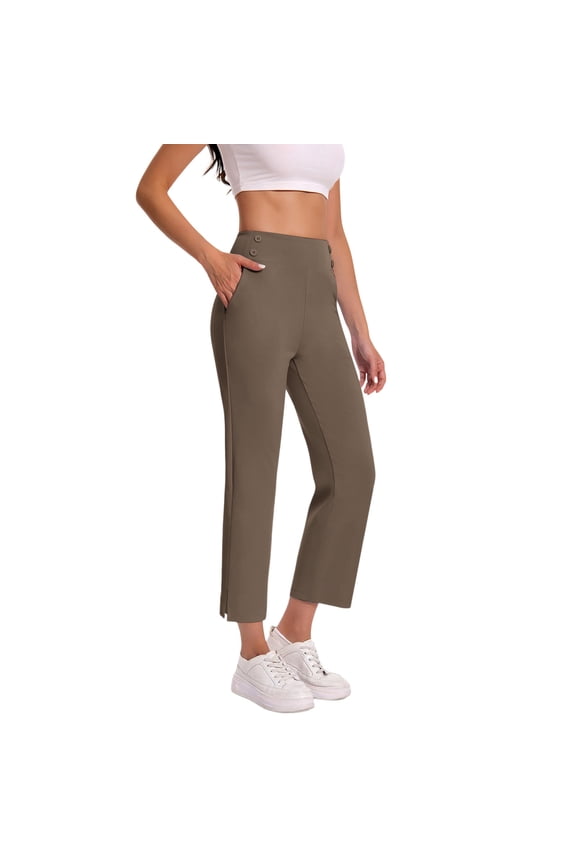 Womens High Waisted Dress Pants,Cropped,Stretchy,Slim Fit,Office Pants with Side Slit,Brown,Size M