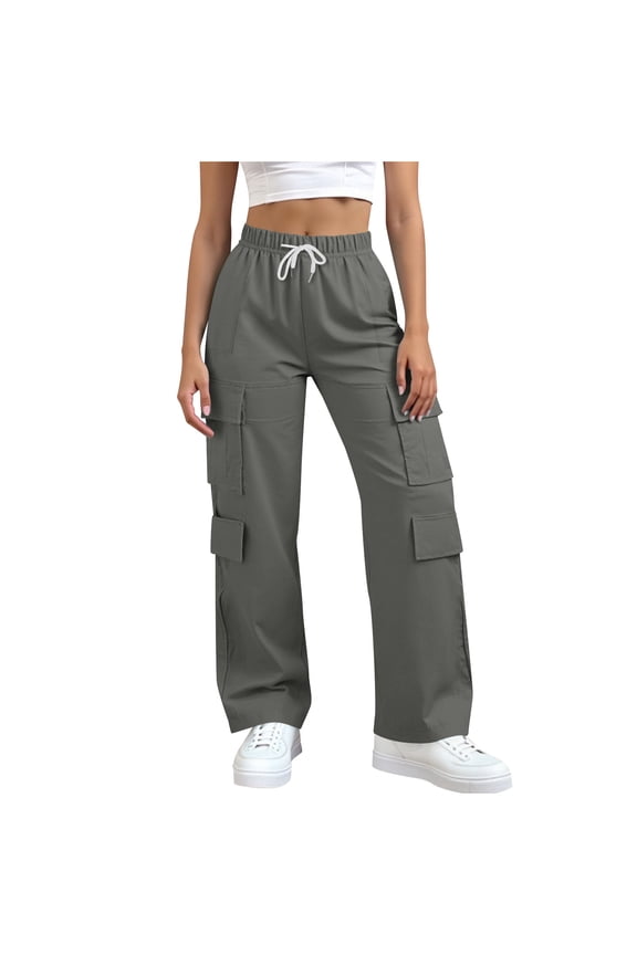 Womens High Waisted Wide Leg Cargo Pants Baggy Casual Trendy Work Pants with Pockets,Dark Gray,Size L