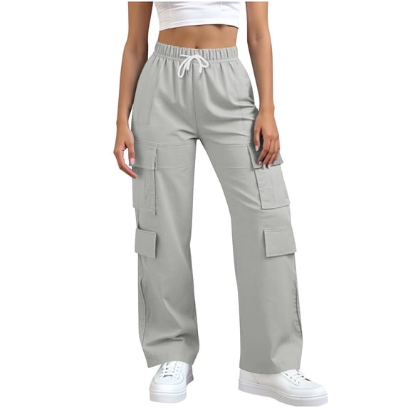 ZHYou Womens High Waisted Wide Leg Cargo Pants Baggy Casual Trendy Work Pants with Pockets,Gray,Size M