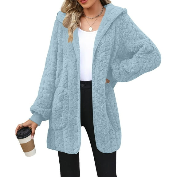 ZHYou No Boundaries Womens Hooded Fleece Cardigan Coats,Soft Plush Sherpa Jacket Outerwear with Pockets,Warm Winter Sweater Overcoats,Blue,Size:2XL