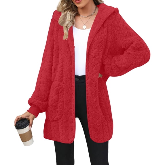 ZHYou Womens Hooded Fleece Cardigan Coats,Soft Plush Sherpa Jacket Outerwear with Pockets,Warm Winter Sweater Overcoats,Red,Size:S